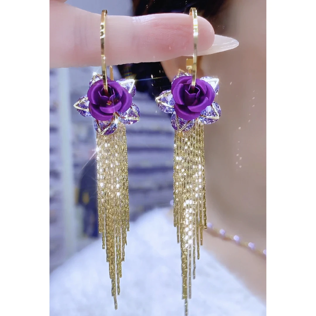 铜合金合成锆石耳饰 轻奢气质百搭优雅时尚玫瑰花流苏耳环