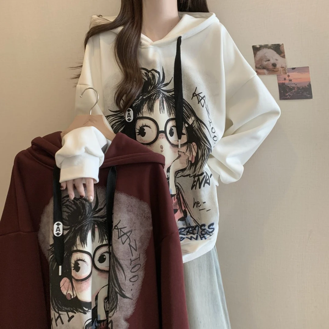 大码德绒印花连帽卫衣女2025秋冬季新款宽松显瘦加绒长袖外穿上衣