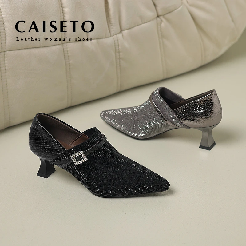 头层羊皮/2025水钻时尚尖头百搭扣件低跟单鞋舒适真皮女鞋D157