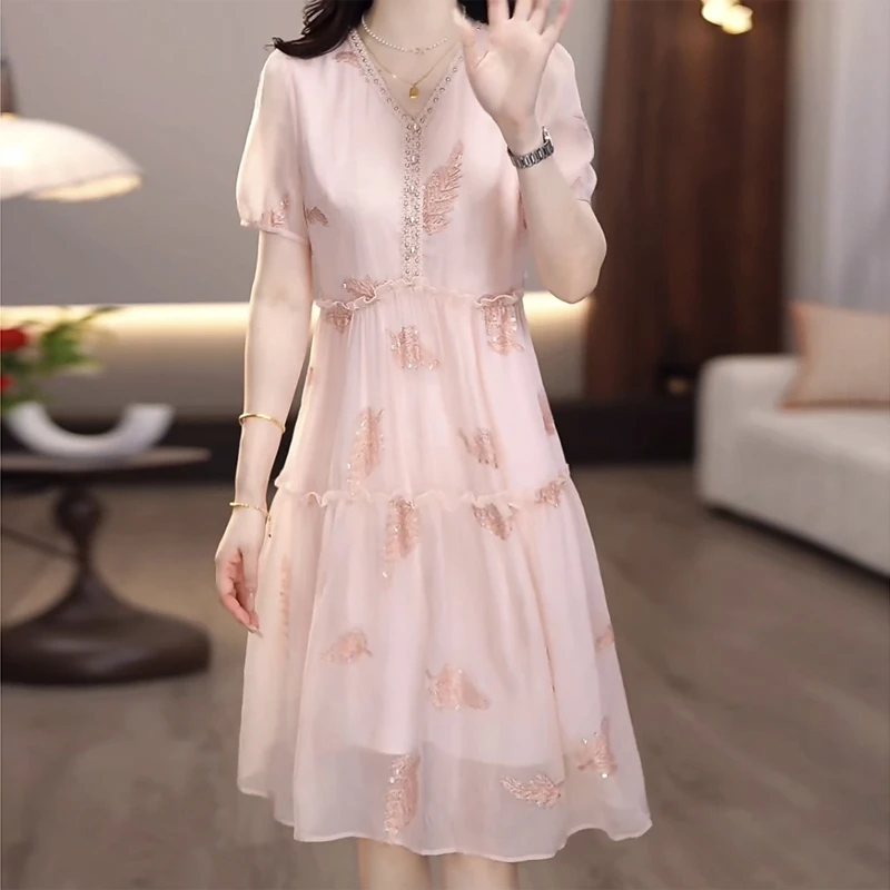 吸汗夏季纯色修身蛋糕裙连衣裙法式气质甜美芭比风中长款印花裙子