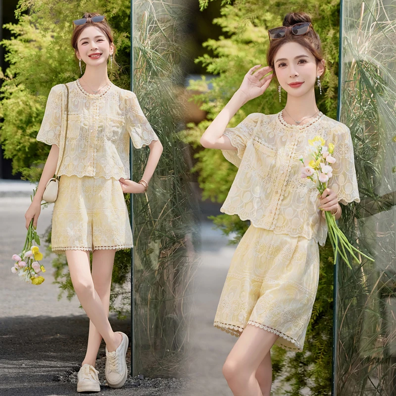 法式小香风蕾丝套装女2025年夏季新款气质名媛风小个子短裤两件套