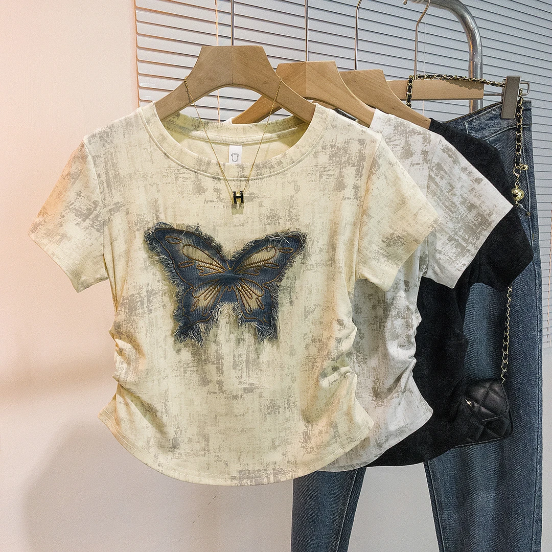 yoewshean/羽媗微胖mm大码女装牛仔蝴蝶扎染短袖t恤修身显瘦上衣