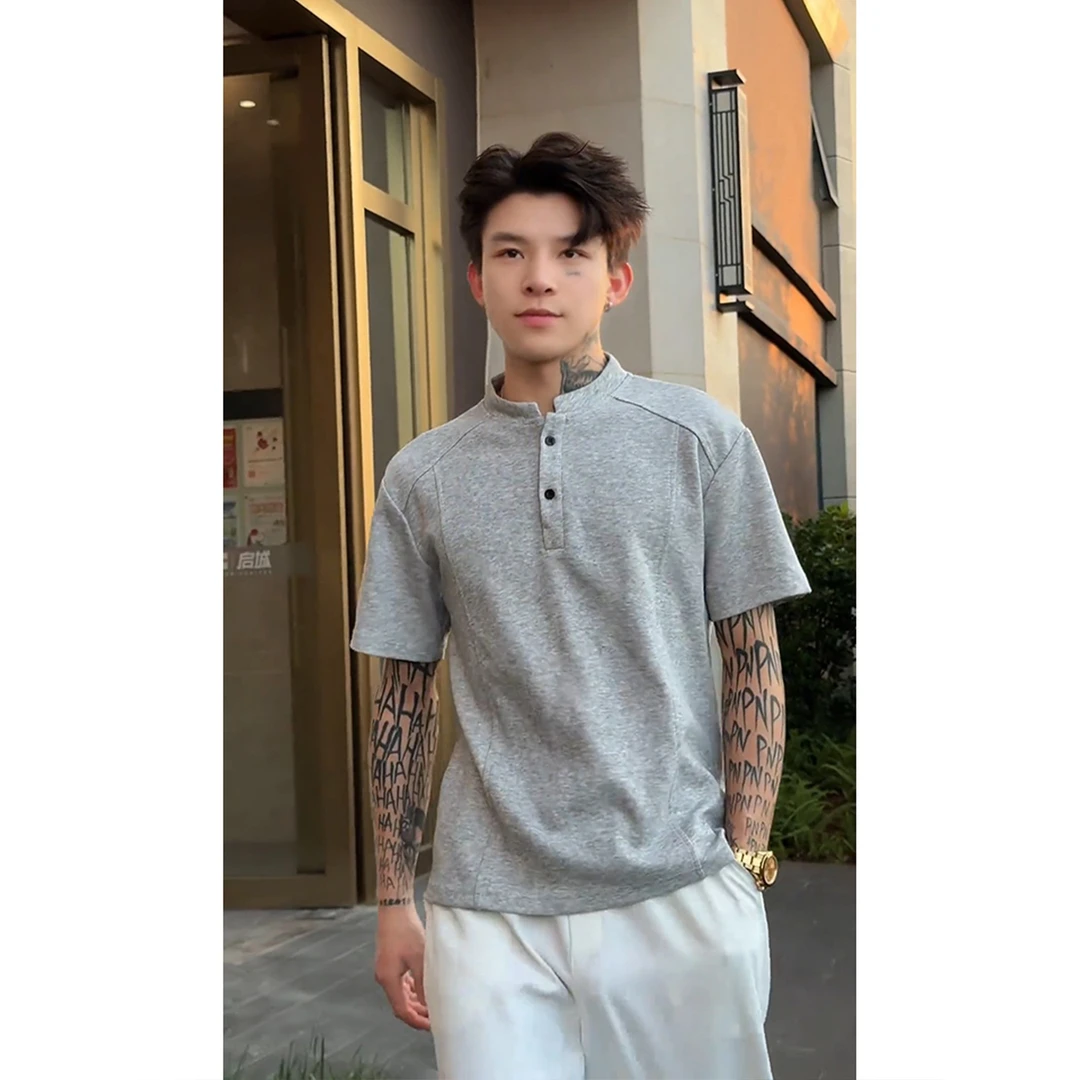 灰色亨利领短袖男款夏季解构boxy正肩t恤美式高级感重磅廓形半袖