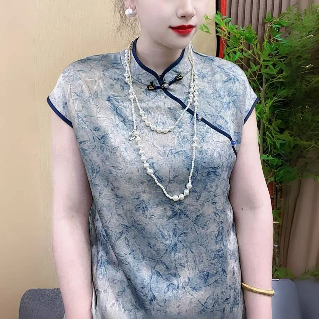 2025夏季新中式复古盘扣提花立领无袖衬衫女款别致优雅显瘦气质