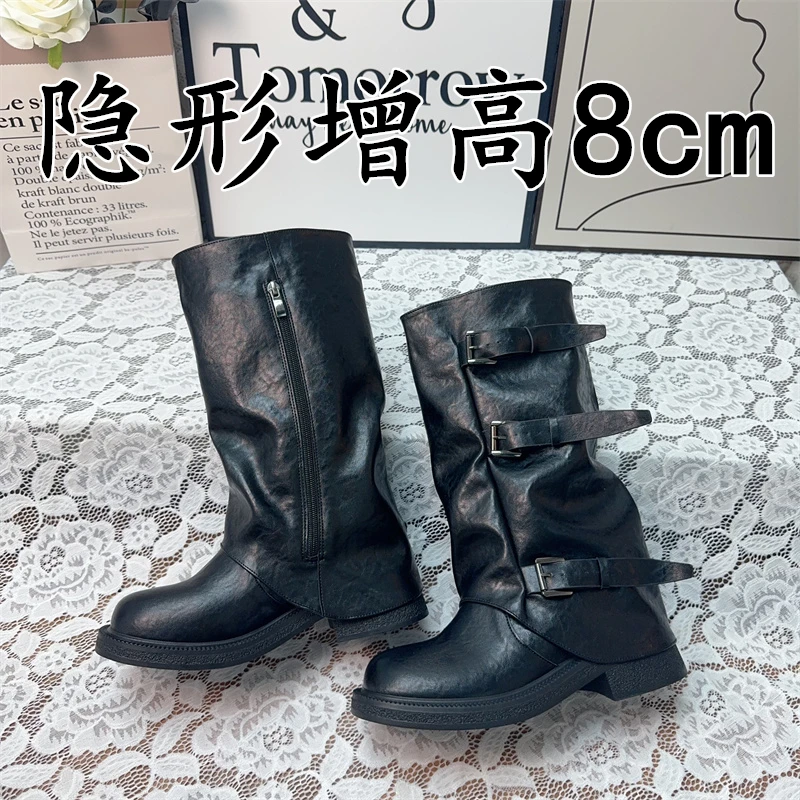 复古粗跟中筒靴厚底裤管靴女小众设计感烟筒靴小个子内增高骑士靴