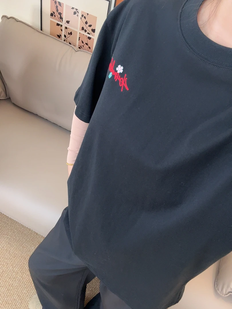 『DANEIF HEIRV』字母重工刺绣休闲夏季宽松潮流圆领减龄情侣T恤