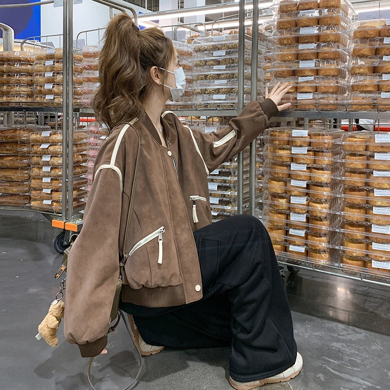 复古麂皮绒短外套女秋季2025新款设计感撞色洋气宽松休闲夹克上衣