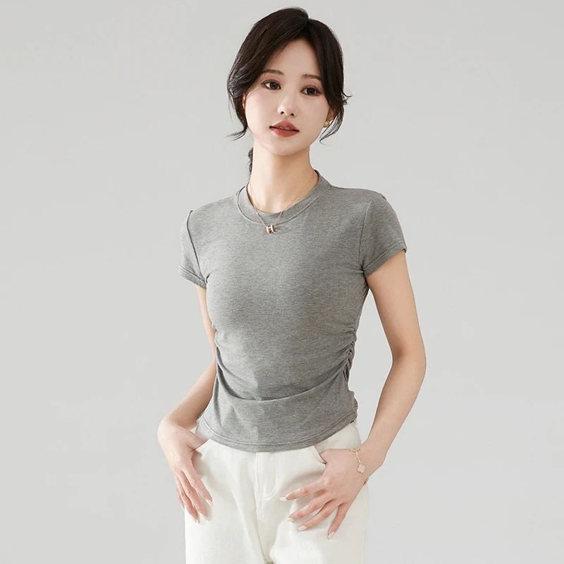 爆款圆领短袖t恤女春夏新款设计感褶皱收腰甜美辣妹打底上衣