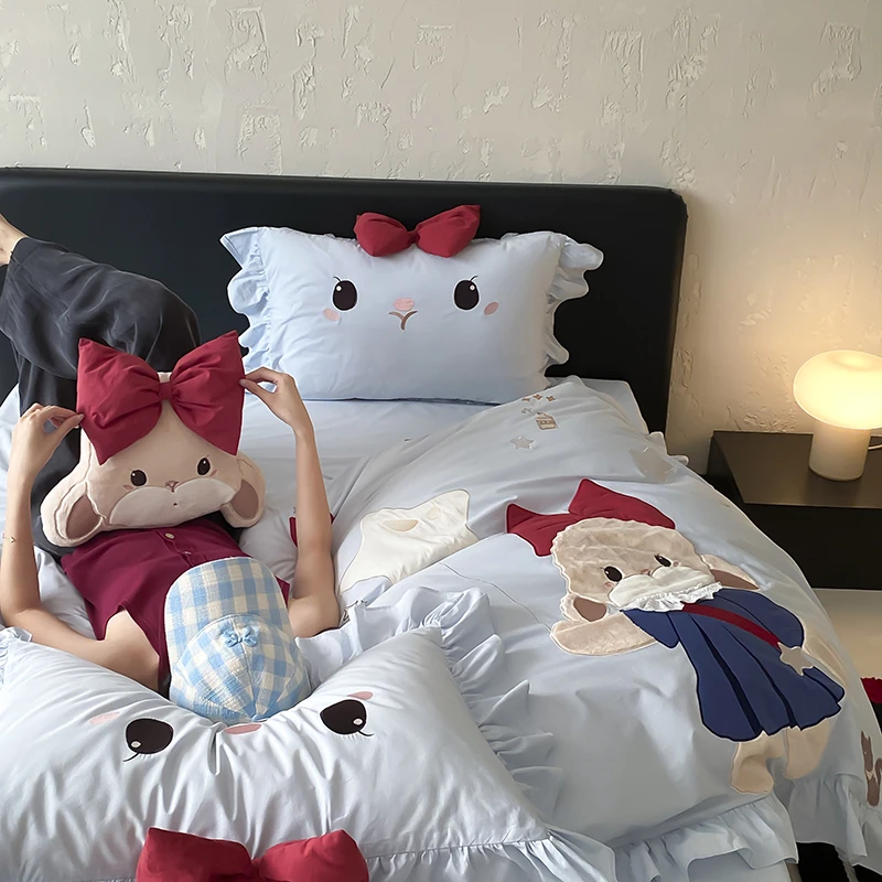 少女心兔子纯棉水洗棉四件套全棉被套儿童卡通可爱公主风三件套