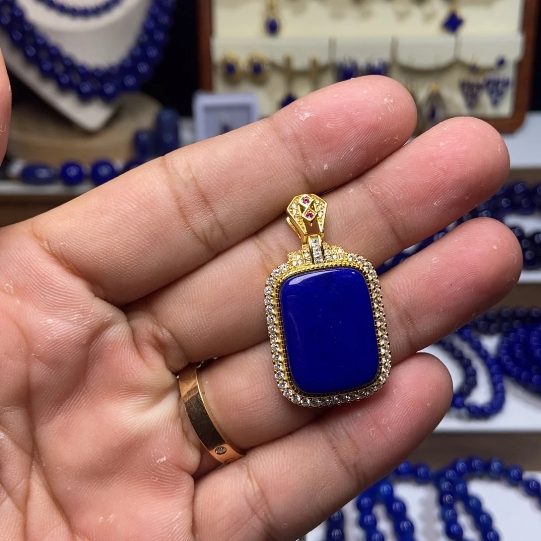 青金石银S925镀金镶嵌吊坠(不含链)豪镶 无事牌