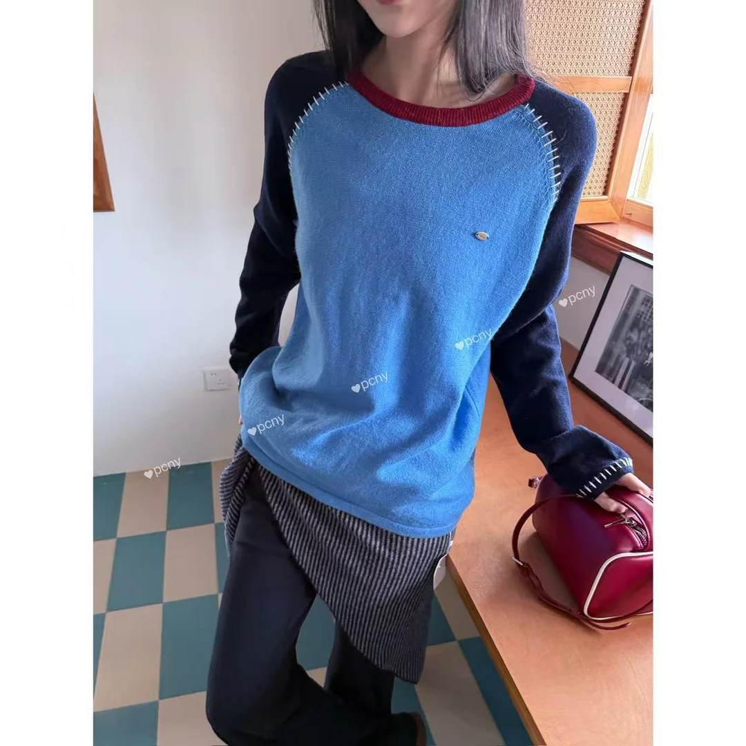 PCNY「蓝岛屿」不理理秋季新款小众女装时尚撞色圆领百搭宽松T恤