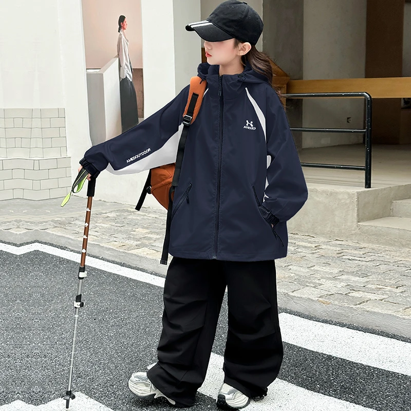 女童秋装外套2025新款时尚休闲中大童儿童秋季拼色连帽初中生上衣