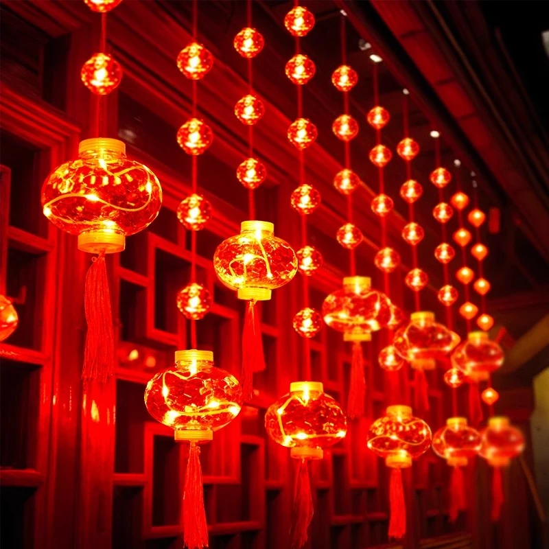 led新年窗帘灯红灯笼氛围串灯节日灯串春节喜庆福字家用装饰灯