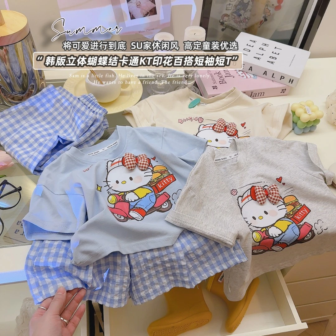 {亲子款}Kitty猫时尚多巴胺配色韩系慵懒风短袖