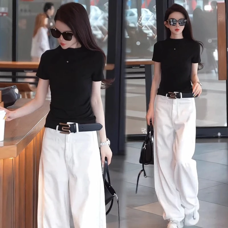 时尚女25夏季新气质显瘦短袖休闲牛仔阔腿裤套装