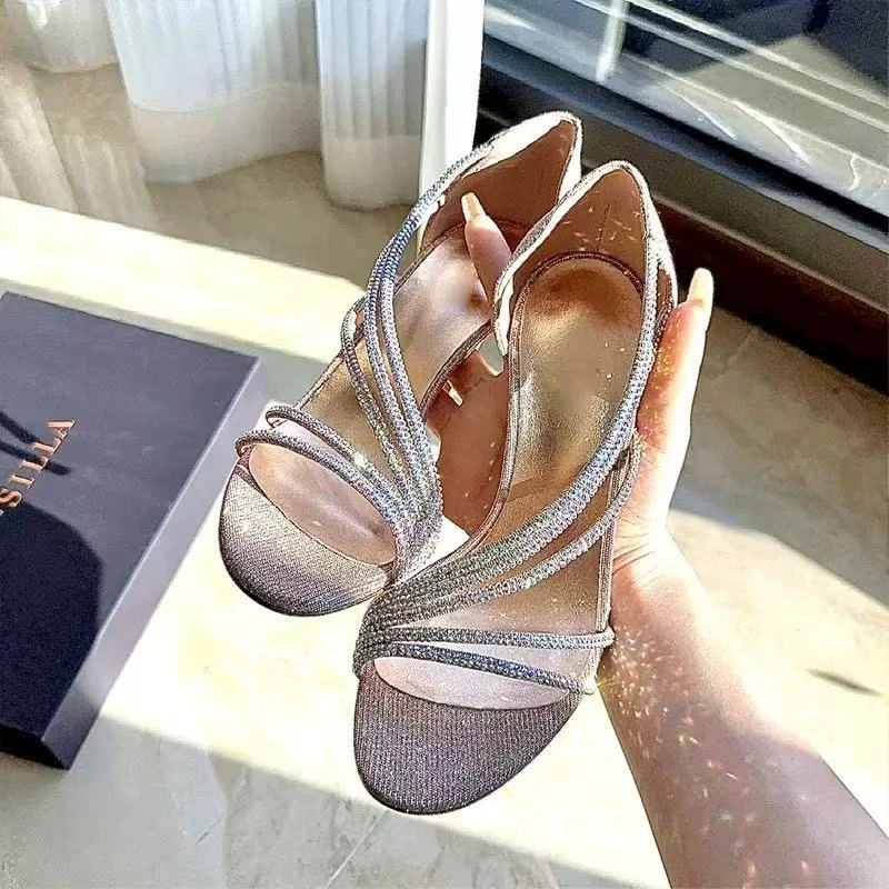 网红同款水钻链高跟凉鞋女款2025新款夏季高级感不累脚细跟高跟鞋