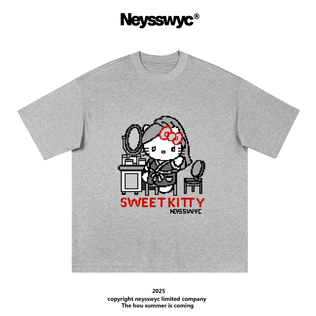 NEYSSWYC 【像素KT】花灰色短袖宽松可爱T恤休闲夏季新款印花潮流