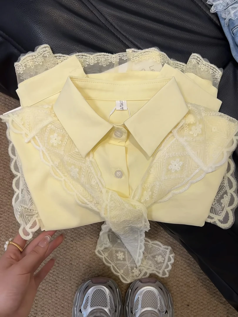 2025年春季新款纯色蕾丝披肩翻领长袖衬衫韩版女装宽松气质百搭潮