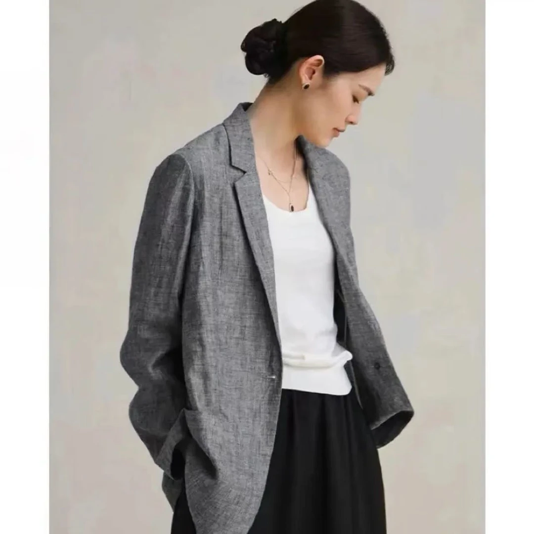 【左耳与麻】2025春季新款汉麻棉人字纹西装外套女通勤百搭52019