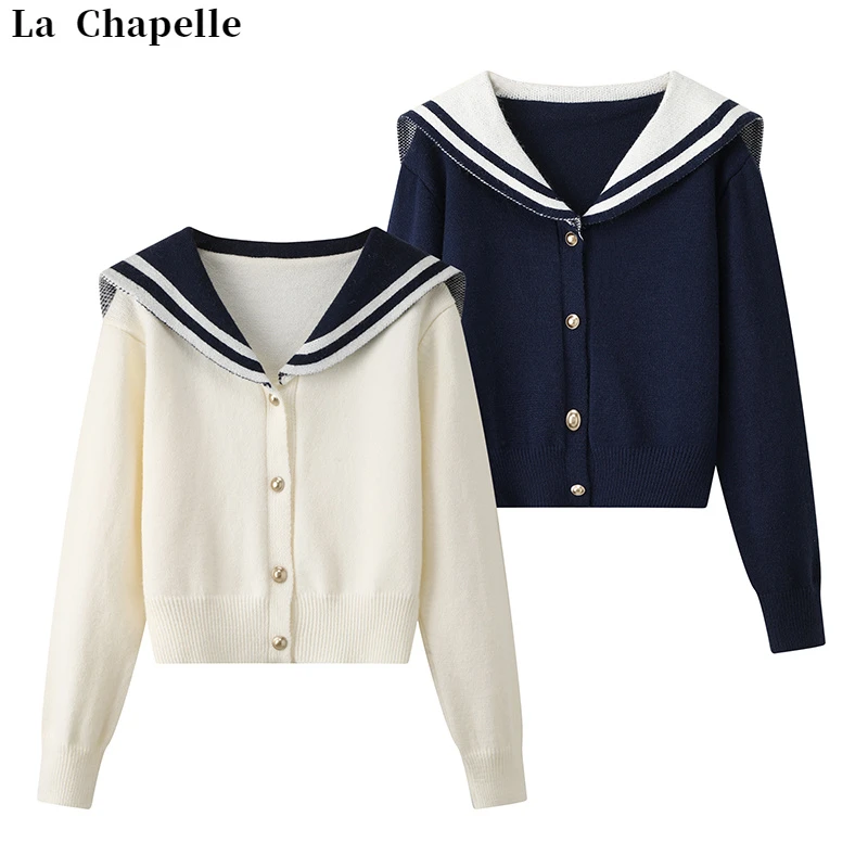 La Chapelle/拉夏贝尔秋大码海军领针织女学院风穿搭开衫上衣女