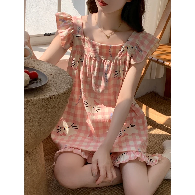 小飞袖睡衣女款大学生爆款2025新款云朵棉卡通格子棉绸家居服夏季