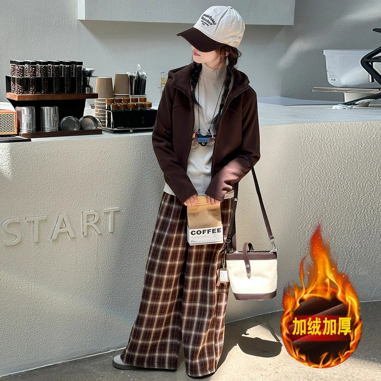 女童秋冬套装6-12岁潮款高级感儿童帽衫格子裤两件套大童加绒加厚