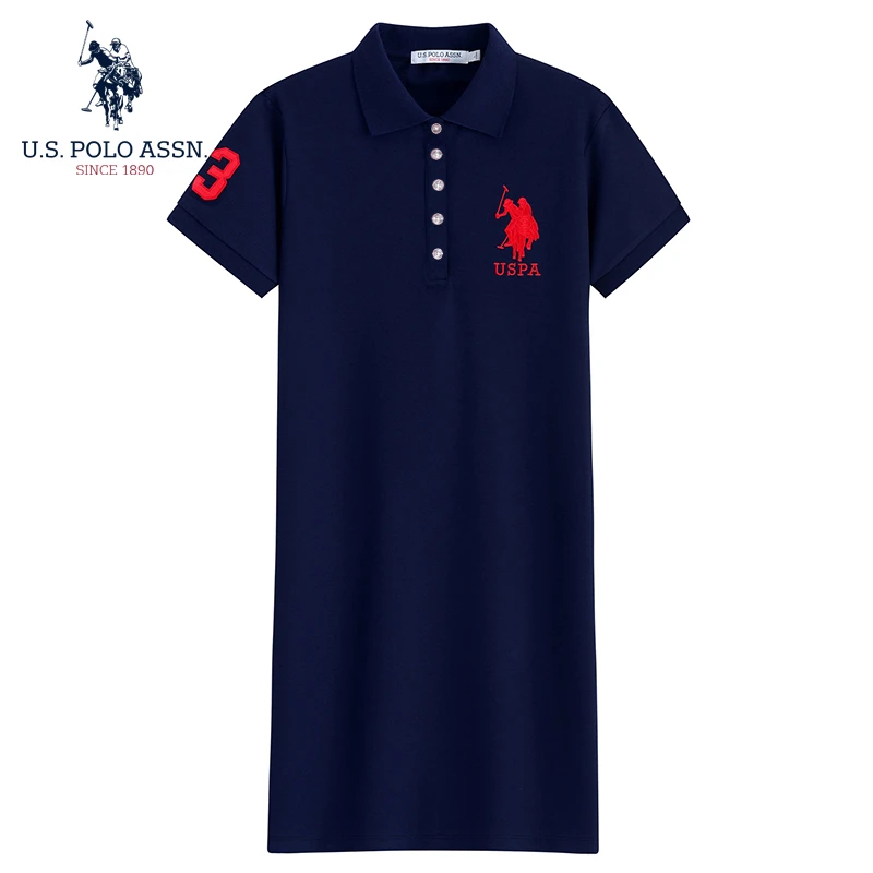 U.S. POLO ASSN.夏季纯色绣花时尚翻领长裙