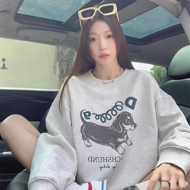 美式可爱狗狗印花套头卫衣女春秋薄款oversize慵懒风宽松休闲上衣