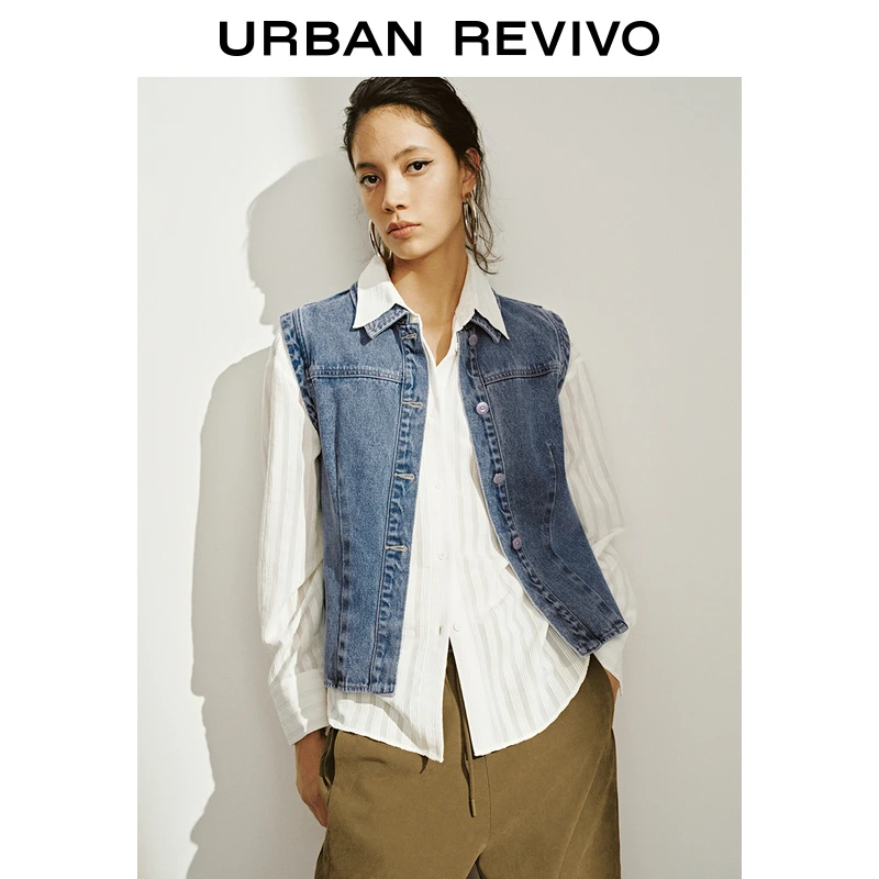 UR2025春季新品女装欧若风复古水洗无袖马甲牛仔外套UWM850060