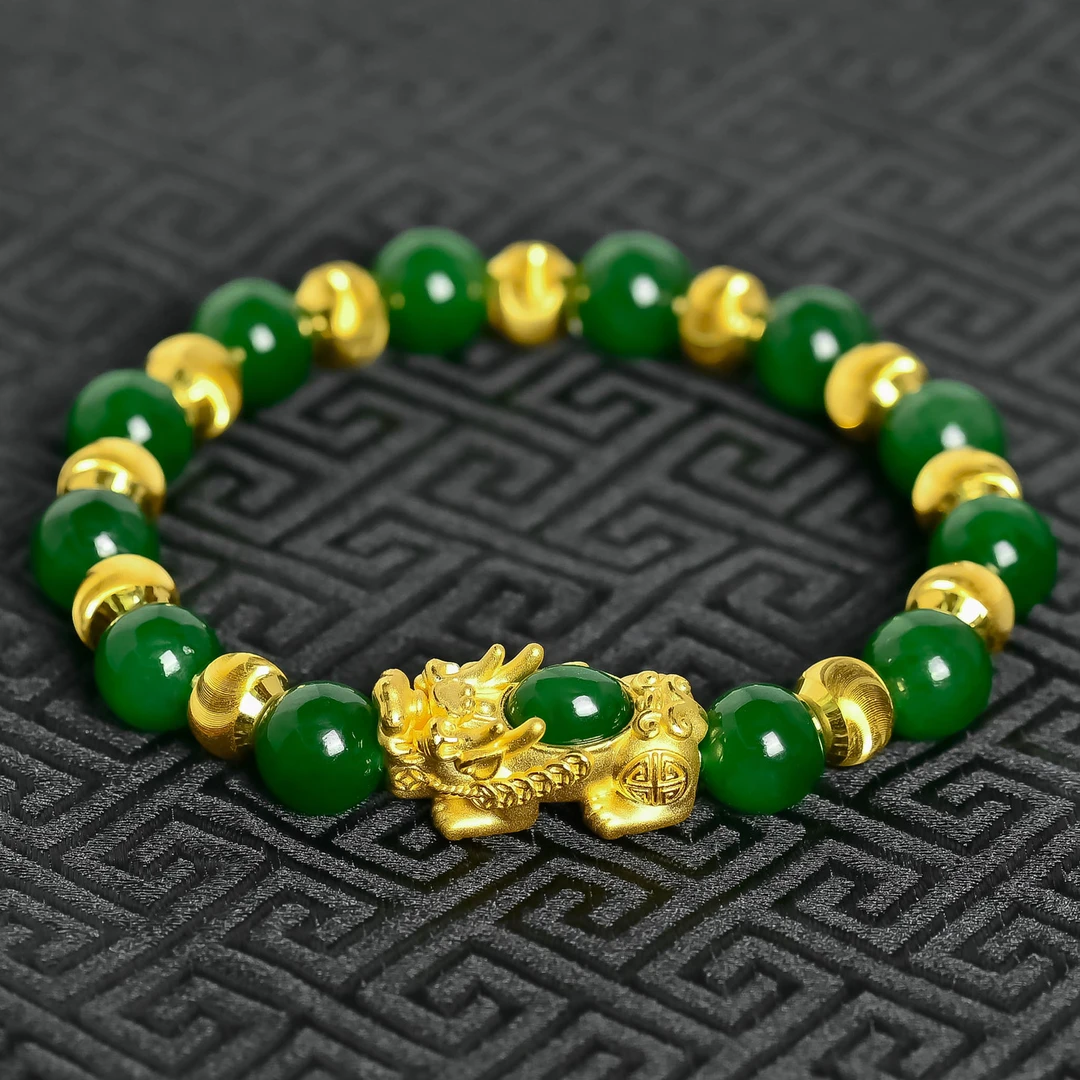 黄金貔貅碧玉手串999足金镶嵌和田玉男女猫眼转运珠生日礼物手链