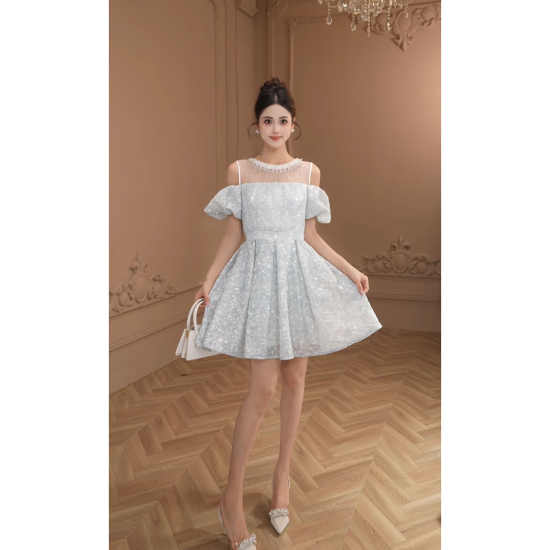 【设计师定制】 新款提花网纱显瘦气质收腰连衣裙65346