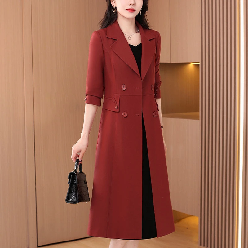 女款气质服装红色高贵风衣外套2025新款秋欧货时尚洋气中长款大衣