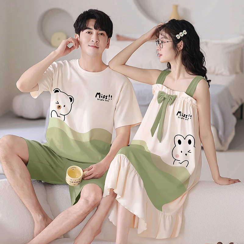 情侣睡衣夏季纯棉吊带睡裙卡通可爱薄款家居服情侣装一男一女夏天