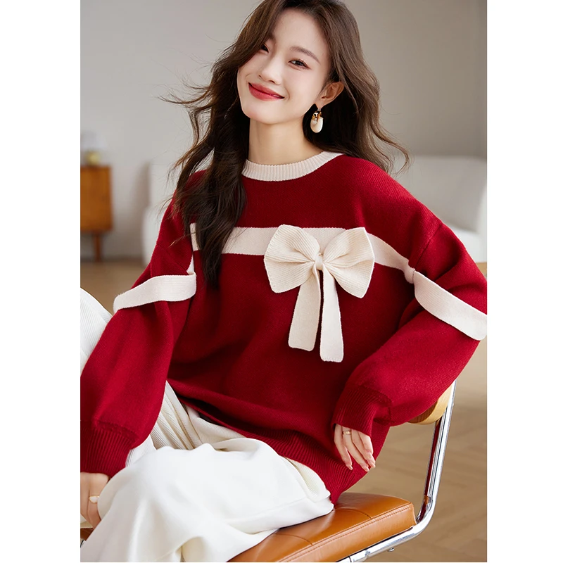 JY#别致蝴蝶结毛衣女红色宽松慵懒风针织上衣DY11900
