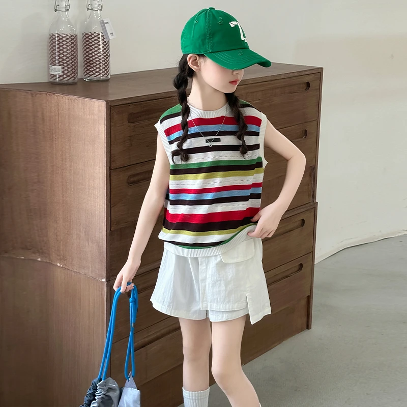 女童背心外穿夏季冰丝条纹上衣2025新款好看小女孩夏天无袖针织衫