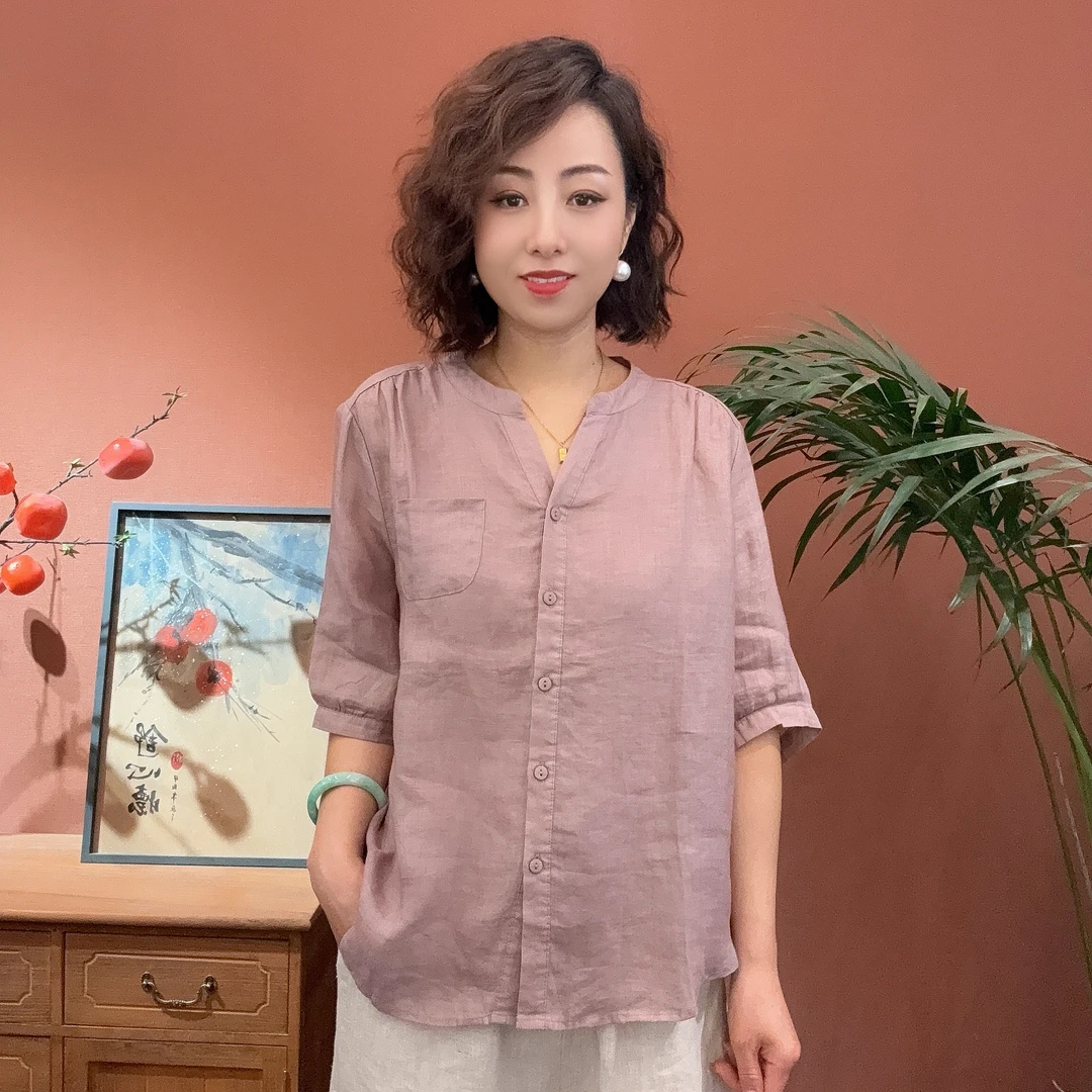 夏季复古文艺苎麻小V领衬衫五分袖