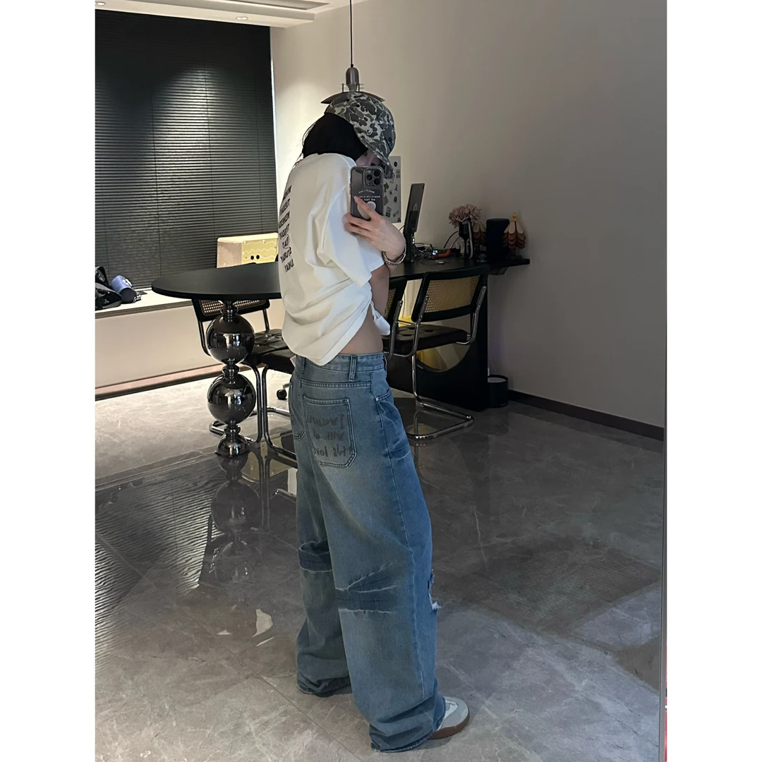 蓝色破洞牛仔裤女宽松直筒低腰水洗做旧美式复古乞丐阔腿休闲长裤