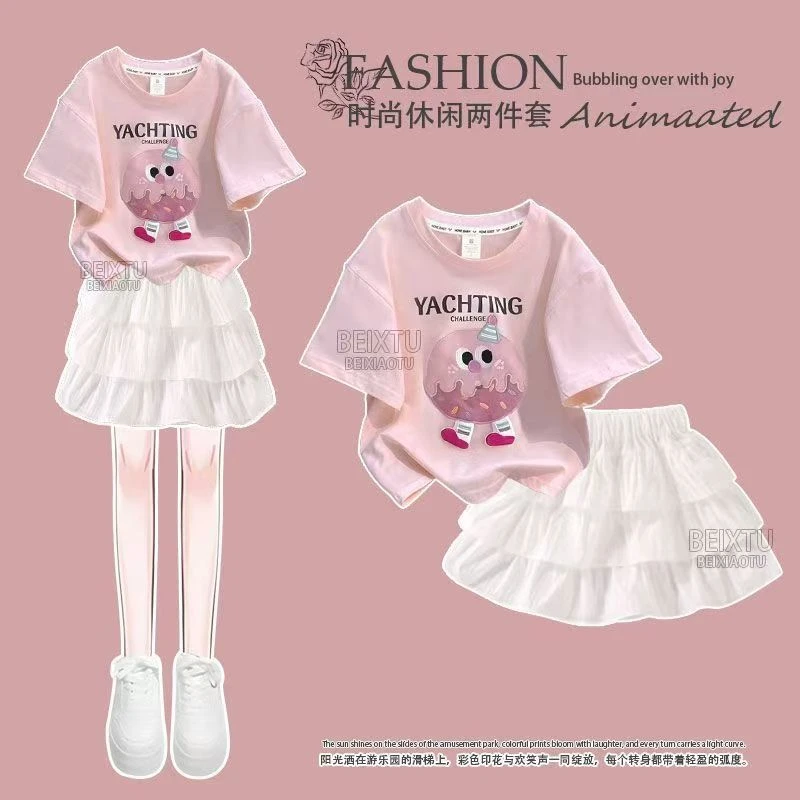 女童夏套装2025新款儿童超火洋气猫咪短袖t恤不规则格子裙两件套