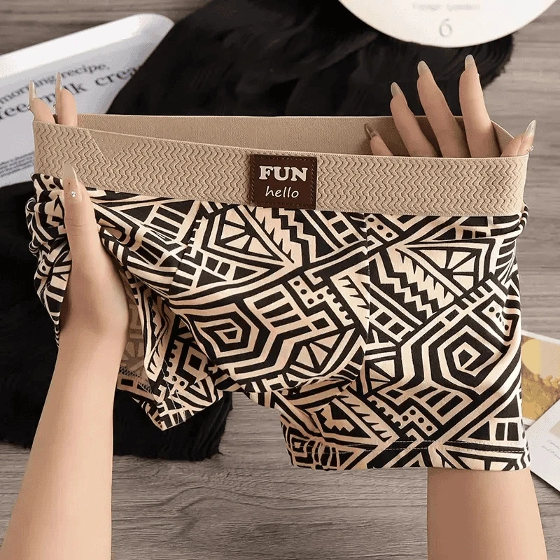 男士短裤无痕复古印花棉质新款几何舒适平角裤透气中腰大码内裤男