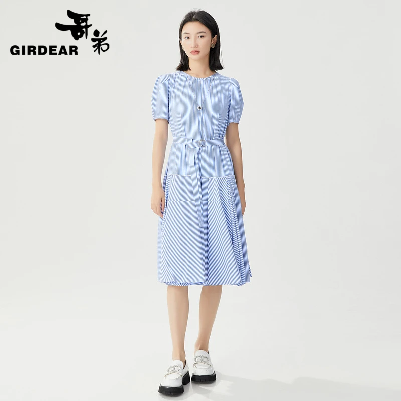 哥弟 圆领泡泡袖系带收腰连衣裙1500532夏季