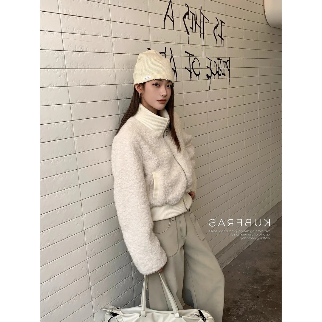 QYao Girls摇粒绒卫衣女小个子冬季保暖短款立领夹克羊羔毛外套