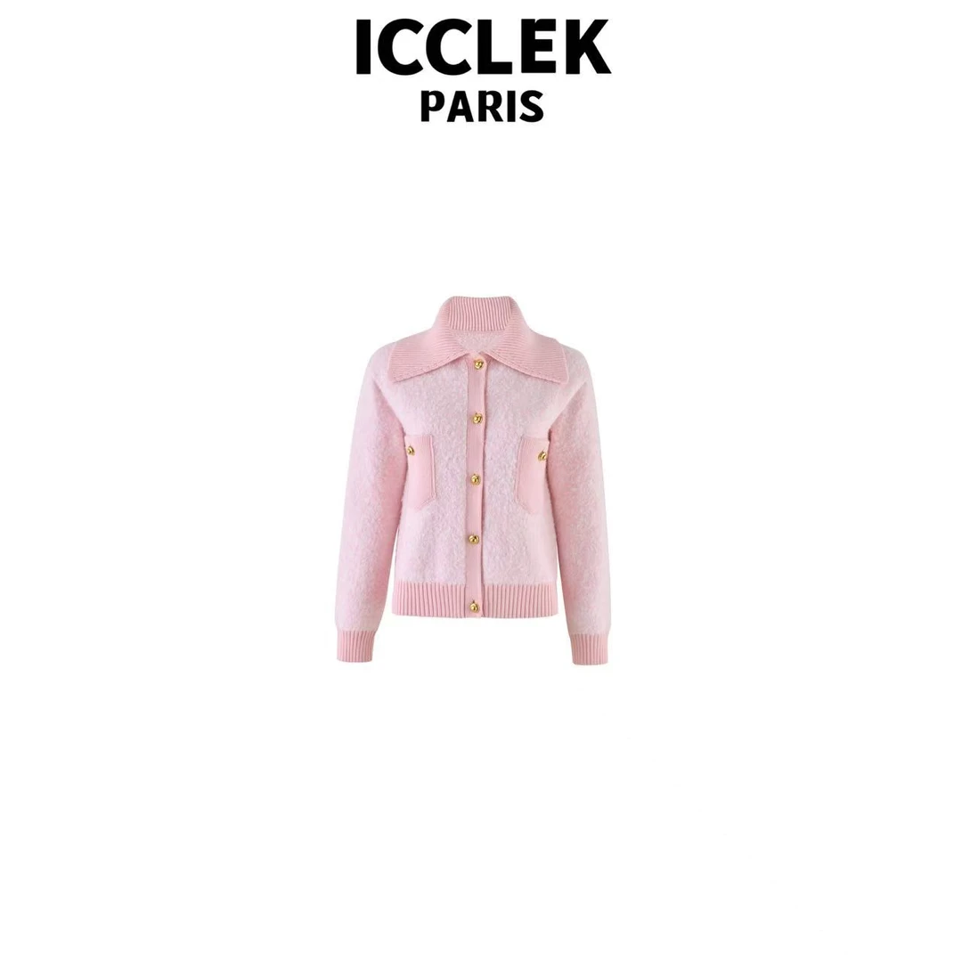 ICC 粉色翻领开襟长袖针织衫气质轻奢名媛秋冬百搭时尚外套 -5145