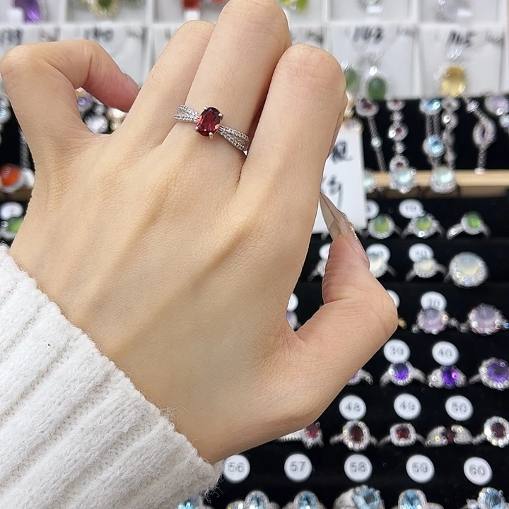 戒指石榴石银S925镶嵌