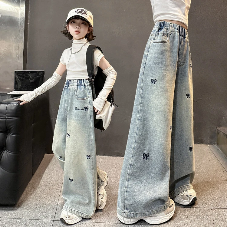 女童春秋款时尚显瘦儿童蝴蝶结直筒牛仔裤2025新款中大童5-12岁15