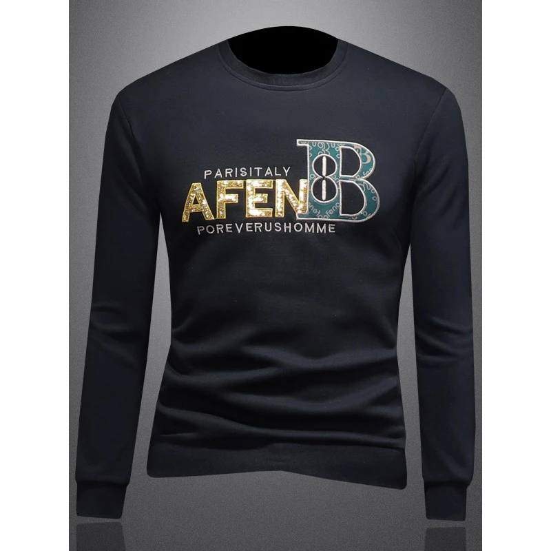 刺绣T恤男士长袖欧洲站2025秋季新款时尚休闲圆领套头衫修身潮牌