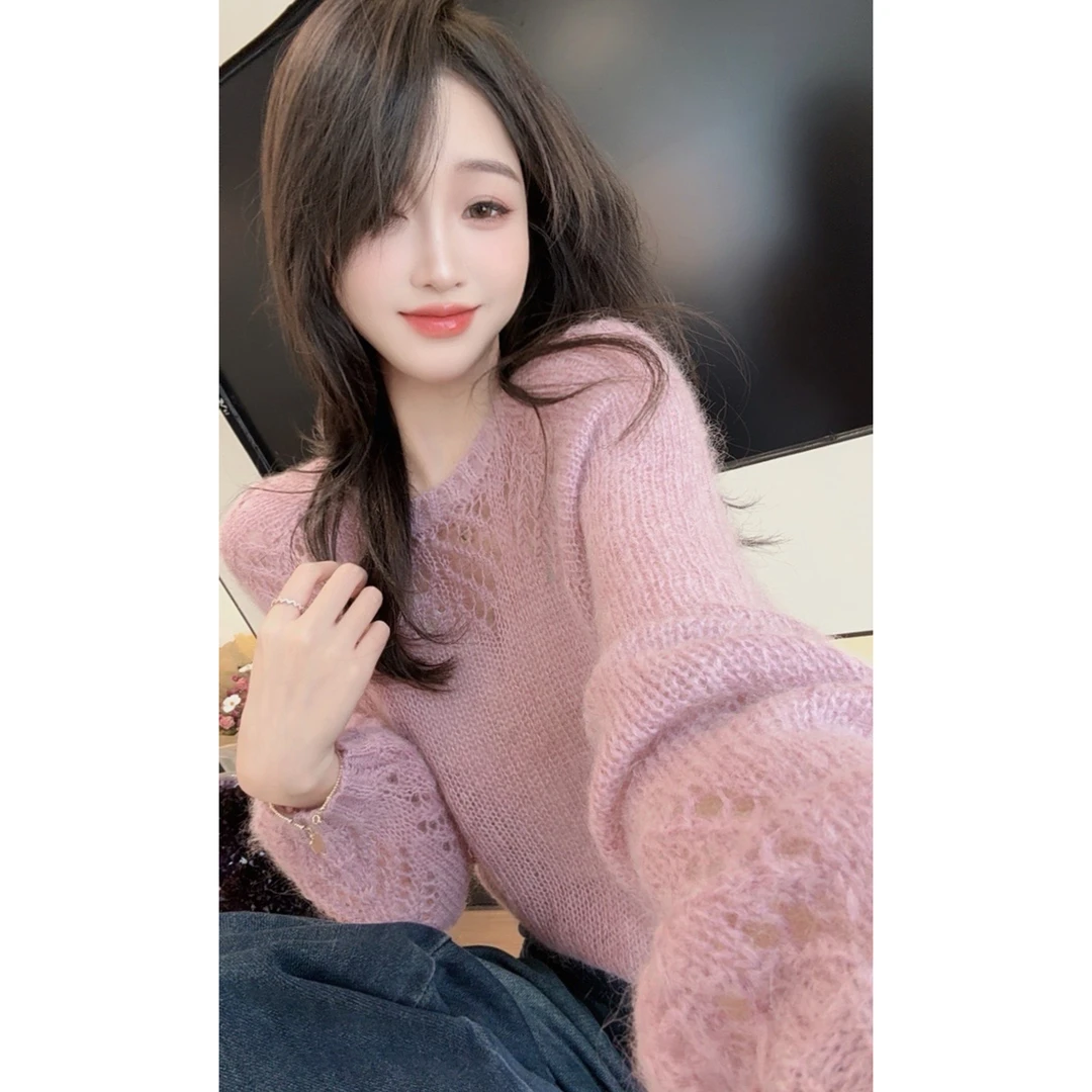 【陈陈私服】氛围感软糯马海毛毛衣洋气慵懒镂空长袖针织衫25090503