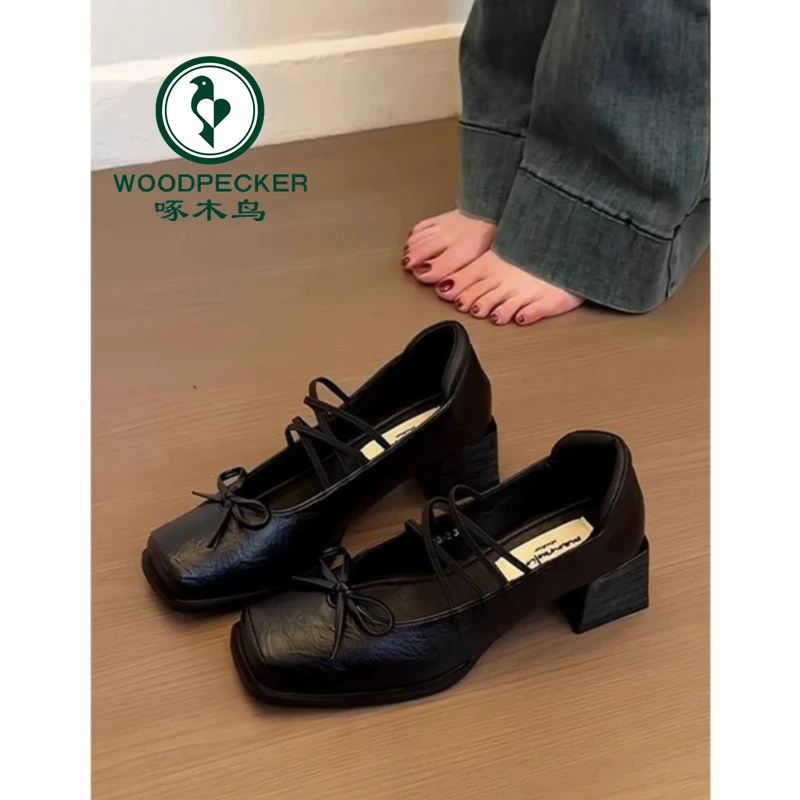啄木鸟粗跟单鞋女2025年新款秋季法式方头芭蕾舞玛丽珍中跟小皮鞋