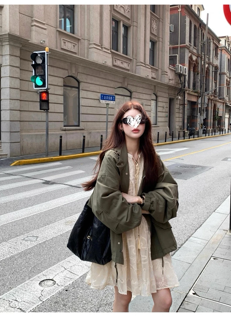 法式细闪仙女连衣裙/棉水洗复古军绿色夹克风衣套装