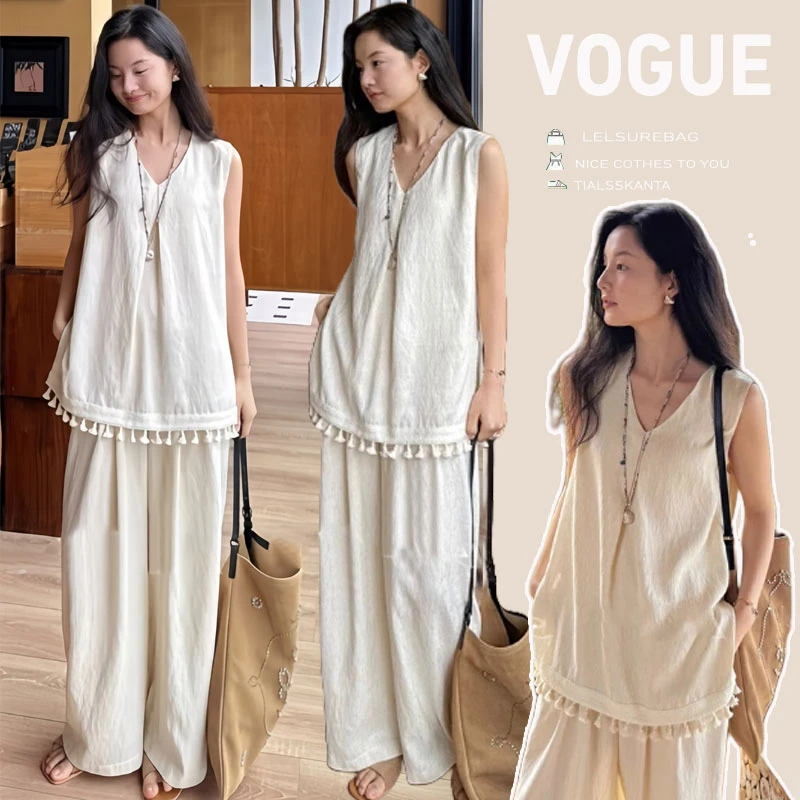 孕妇套装2025新款夏季休闲背心气质慵懒流苏花边上衣大码阔腿裤女