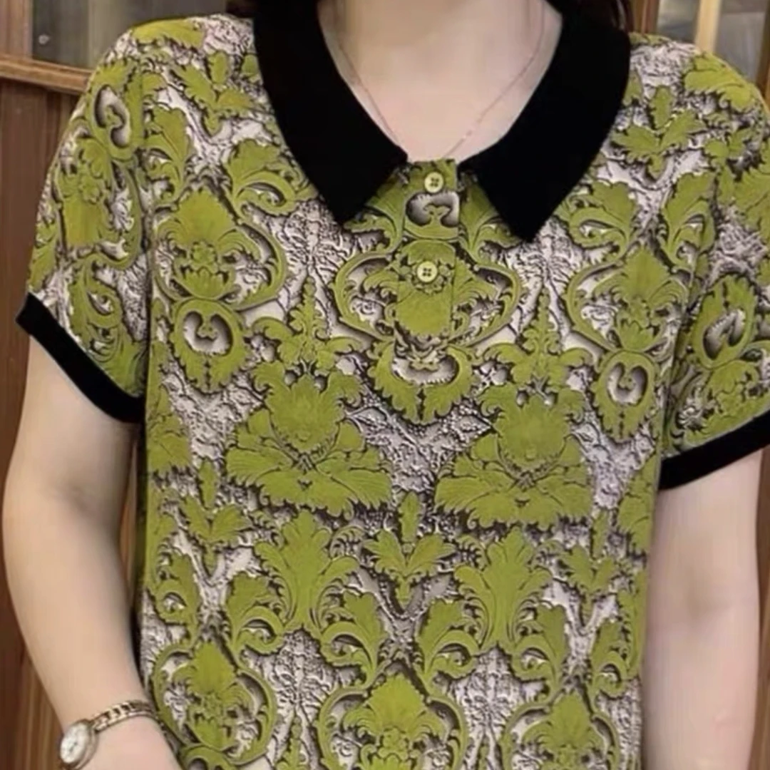 夏季中老年女士短袖翻领洋气宽松显瘦气质薄款遮肚减龄上衣